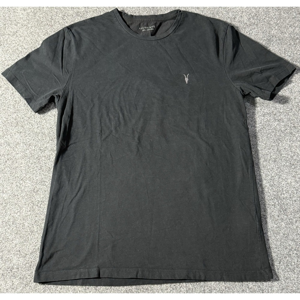 AllSaints‎ Shirt Mens L Black Brace Tonic Crew Cotton Ramskull Logo Tee MD131G